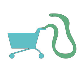 Vector illustration of shopping trolley. Colour icon of grocery shopping in a shop. Snake driving a grocery cart . Simple, flat illustration