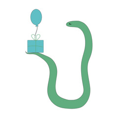 Colourful birthday icon . Holiday concept . Snake carrying a gift and a balloon . Simple , flat , vector illustration 