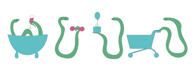 A set of funny snake icons. Simple flat illustrations. Symbol of the year 2025 .  Snake doing gymnastics, buying groceries, bathing in a tub, happy birthday. 