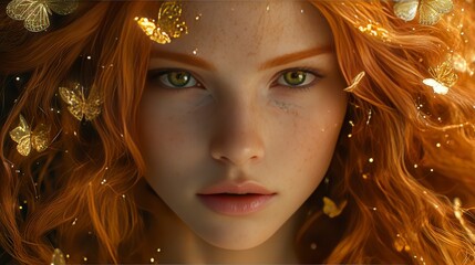 Portrait of a woman with vibrant red hair surrounded by glowing butterflies in a magical setting