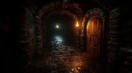Obraz premium Dark, stone corridor with arched ceiling, ancient wooden door. Ideal for fantasy, horror, or mystery game backgrounds.