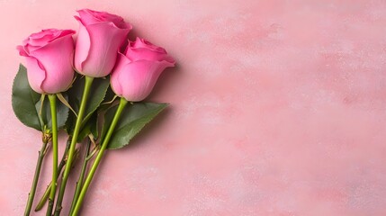 Fototapeta premium Three Elegant Pink Roses on Soft Pink Background for Floral Design