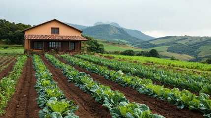 Various Types of Vegetable Gardens Concept, traditional South American permaculture farm with lush crops and house