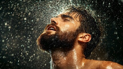 Fototapeta premium Refreshing Shower Moment A Macro Shot Capturing the Captivating Splash of Water Against a Bearded Man s Shoulder as He Enjoys the Rejuvenating Experience of a Shower