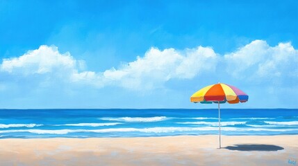 A colorful beach umbrella on a sunny beach, with the blue sky and gentle ocean waves in the distance, capturing a perfect summer day