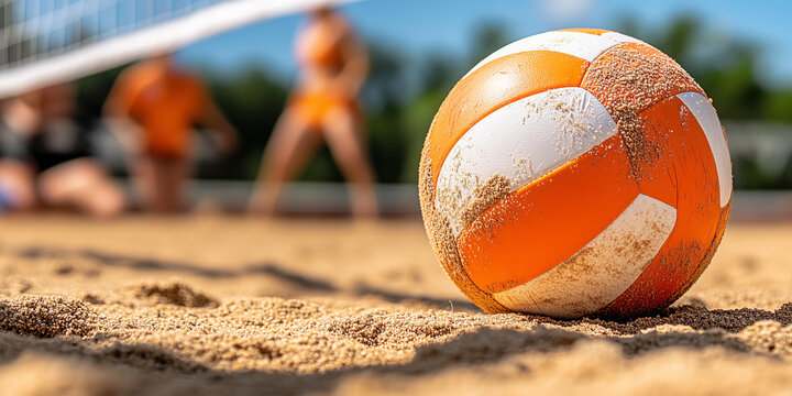 Close up view of beach volleyball with players in action and net in background during a sunny day