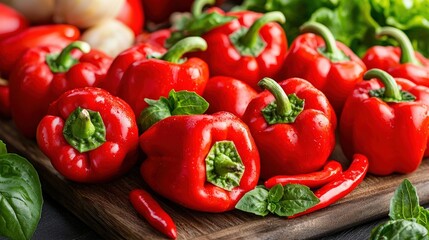 Fresh red peppers on a wooden cutting board with herbs.