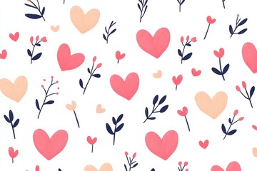 Colorful floral pattern featuring hearts and leaves on a white background