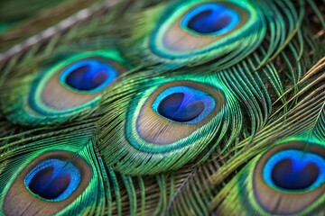 Obraz premium Captivating Close-up of Splendid Peacock Feathers Showcasing Iridescent Hues and Details