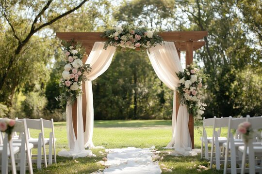 Simple wedding ceremony decor featuring an arch with white drapes and soft pink floral arrangements, set in the midst of lush greenery on sunny day.