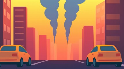 Cityscape with cars and smoke at sunset.