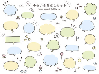 手書き風のゆるい吹き出しのベクターイラストセット。ふきだし、フレーム、おしゃれ、花、リボン	