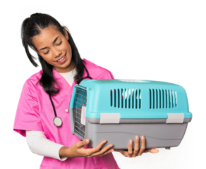 Young Filipina veterinarian holding a pet carrier, professional