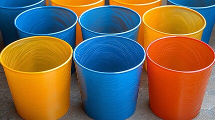 Colorful plastic cups arranged on table.  Party supplies, close-up