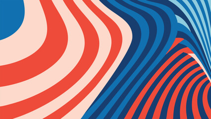 Vibrant vector design showcases flowing lines in red, white, and blue creating a dynamic visual effect. The lively patterns suggest motion and energy across a light canvas
