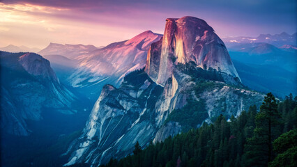 Majestic view of Half Dome at sunset with dramatic lighting