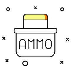 Filled outline Military ammunition box with some ammo bullets icon isolated on white background. Flat filled outline style with shadow. Vector