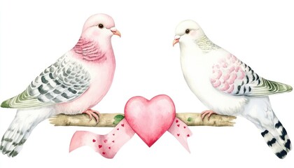 Two colorful pigeons perched on a branch with a heart and ribbon, symbolizing love