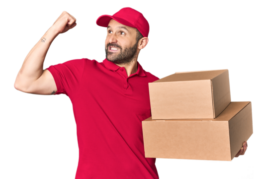 Hispanic male courier with boxes raising fist after a victory, winner concept.