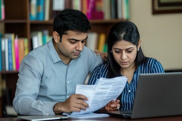 Couple reviewing documents, laptop, home office, bookshelf