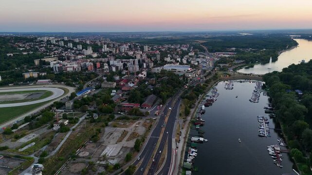 Flying over the city and river in Belgrade