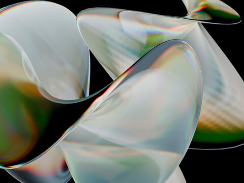 Abstract iridescent glass shapes with a morphing design