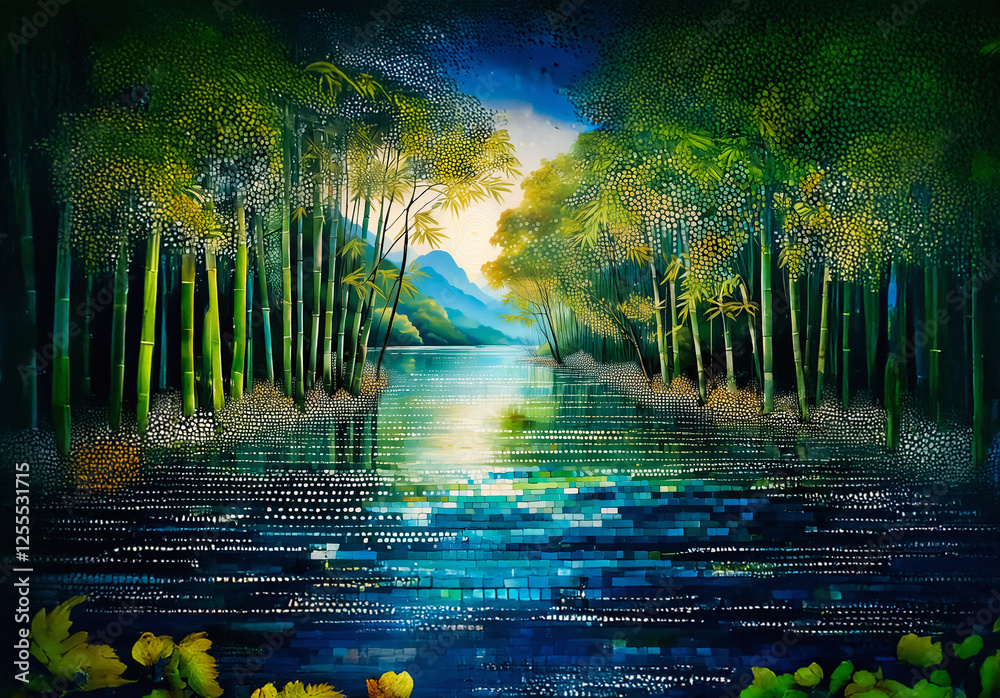 Poster A serene landscape in China features a tranquil river flowing through lush greenery, illuminated by sunlight filtering through trees and distant mountains.