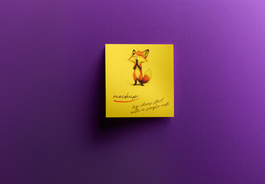 Sticky Note Mockup &ndash; Top View Yellow Square Notepad with Hand-Drawn Cartoon Character on Vibrant Purple Background for Office Branding and Stationery Presentation