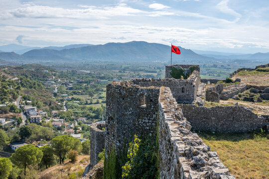 View of Rozafa Castle in Shkodra, Albania with a scenic landscape