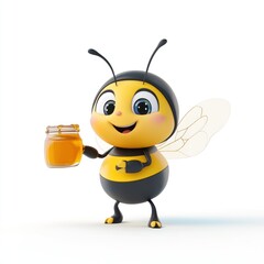 Obraz premium Cute cartoon bee holding honey jar