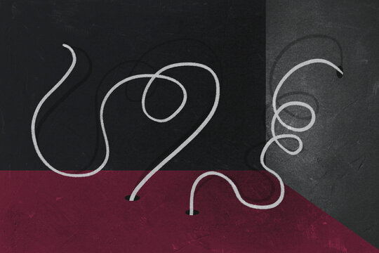 White lines emerging from holes in a dark and maroon abstract geometric background