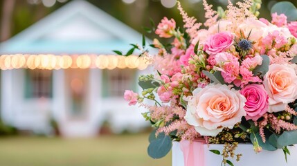 Pink and Peach Rose Bouquet with Blurred White House Background
