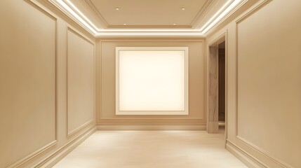 Fototapeta premium A soft-toned hallway with a large blank white frame and built-in recessed lighting.