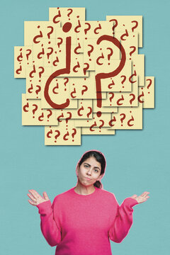 Woman shrugging with question marks expressing confusion and uncertainty