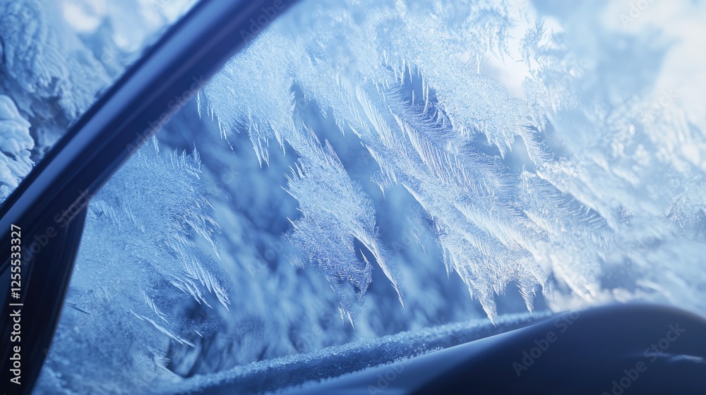 Aufkleber a detailed close-up of a snow-covered car windshield with unique frosty patterns and textures formin