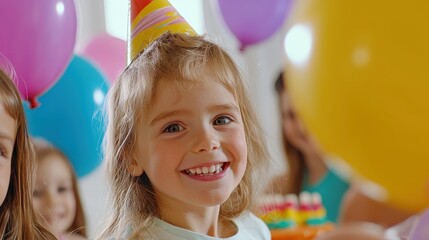 Joyful Child Smiling at Birthday Party with Colorful Decorations