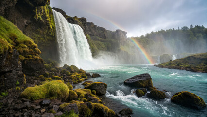 Fototapeta premium Majestic waterfall with rainbow over rocky landscape and lush greenery