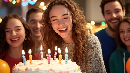 Joyful Celebration with Friends Around Birthday Cake and Candles