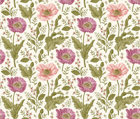 Seamless pattern. Beautiful blooming realistic isolated flowers. Vintage background fabric. Poppy Poppies wildflowers set. Wallpaper baroque. Drawing engraving sketch Vector victorian illustration © Наталья Лобенко