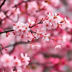 Obraz premium Delicate cherry blossoms dance amidst elegant red floral background, spring, soft focus