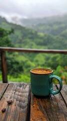 Naklejka premium Morning coffee with a breathtaking mountain view. Enjoying the tranquility of nature.