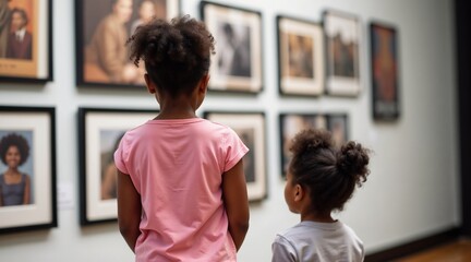 Focus on back view small two afro American girls with interest looking on pictures on the wall in gallery in Black history in community center on Black history month celebration