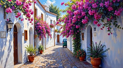 Fototapeta premium Charming street scene with vibrant flowers, sunny mood, in a picturesque Mediterranean village