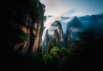 Dramatic landscape of China featuring towering rock pillars piercing through mist and lush green vegetation. Serene and majestic mountain scenery.