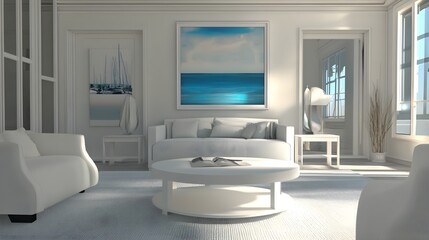 A soothing, balanced living space with harmonious design elements and a centered white frame.