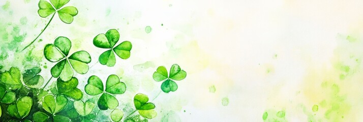 Fototapeta premium Green clover painted in watercolor on white background evokes Irish charm, with space for text, banner 