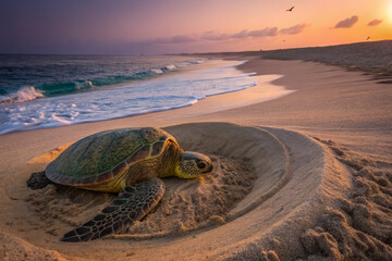 sea turtle rests on sandy beach at sunset, creating serene scene