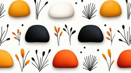 Abstract Composition with Colorful Stones and Botanical Elements on Light Background