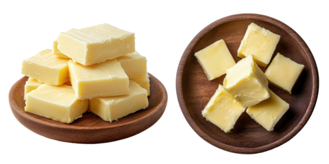block of butter on wooden plate isolated on transparent background