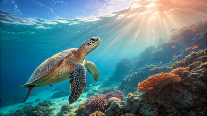 Fototapeta premium sea turtle swims gracefully in vibrant coral reef under sunlight